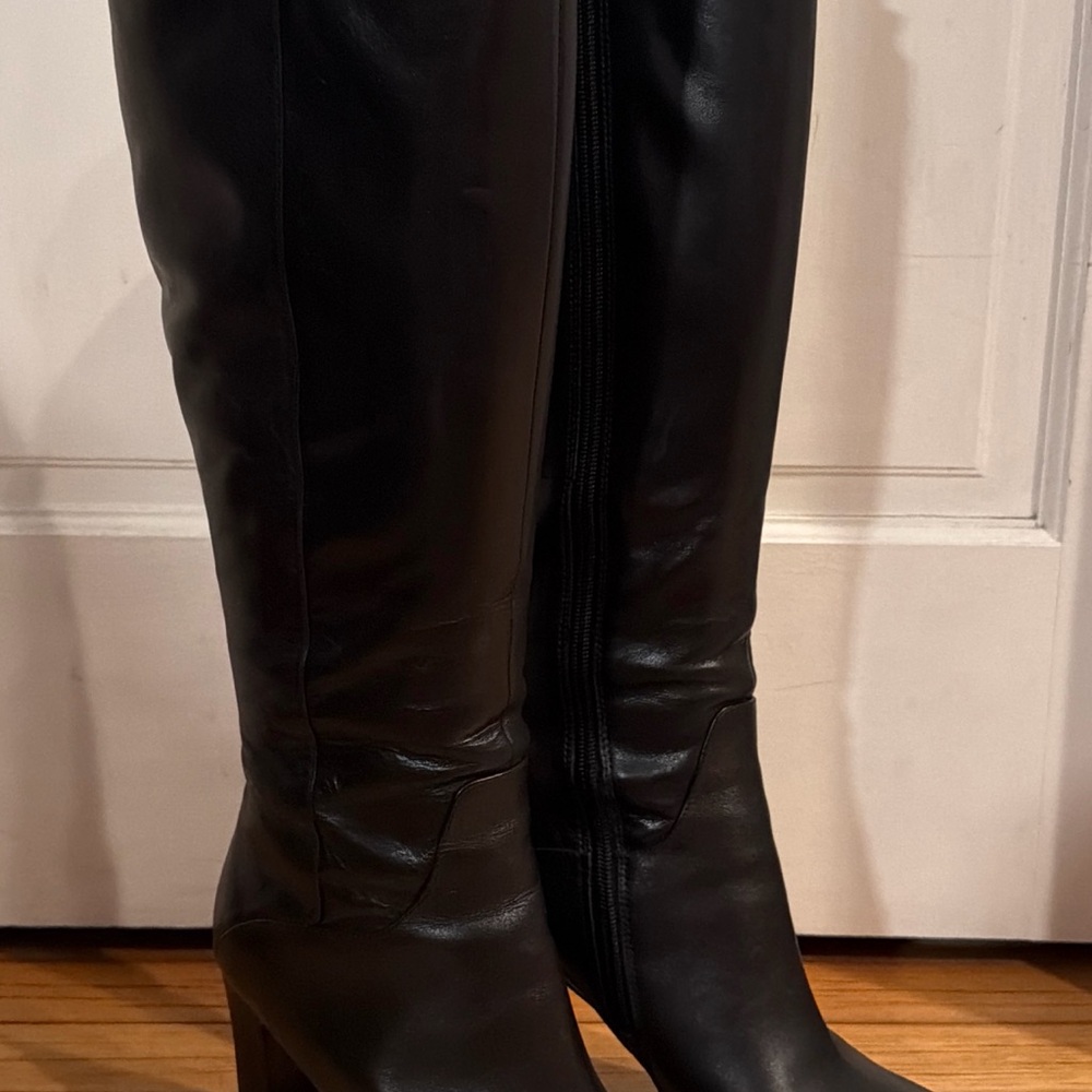 Nine West Black Leather Upper Knee-High Heeled Boots